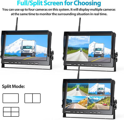 Fookoo HD 1080P 10" Wireless Backup Camera, 10-inch Dual/Quad Split Monitor, Supports 4 Cameras, IP69 Waterproof Rear View Camera Parking Lines, Recording w/ 32GB SD Card for RV/Trailer/Truck (DW101)