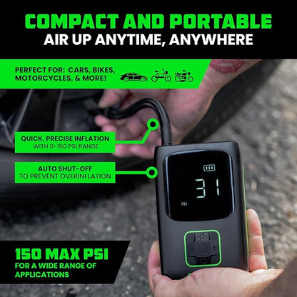 Rhino USA Tire Inflator Portable Air Compressor (150 PSI) Upgraded Air Pump for Car Tires with Digital Pressure Gauge - Best Mini Air Pump for Bike Tires with Dual LCD Screen (Black & Green)