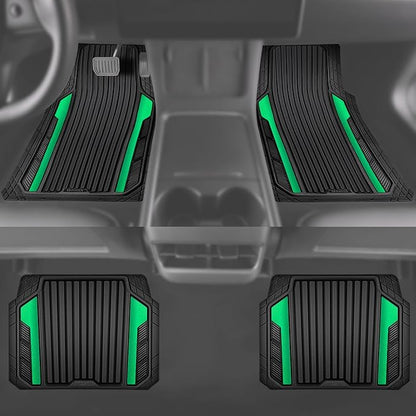 CAR PASS Heavy Duty Rubber Car Mats Metallic,Aluminum Film All Weather Floor Mats Waterproof Universal Trim to Fit SUVs Sedans Vans 4 Piece Anodized Deep Dish Two-Tone Sporty Black Green Chrome