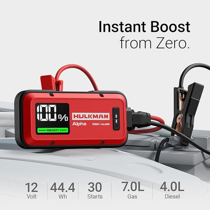 Hulkman Alpha, Ultra Red, 1250A 44.4Wh Battery Jumper Starter Portable, 12V Modern Car Jump Box with Jumper Cables, for 7.0L Gas/4.0L Diesel Engines, 65W Fast Charging, IP65 Rated, Large LED Display