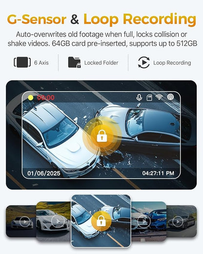 GKU 4K 3 Channel Dash Cam, 5.8GHz WiFi Built-in GPS, 4K+1080P+1080P Dash Cam Front and Rear Inside, 64GB Card Inserted, 24H Park Mode, Triple Car Camera 3 Inch Screen