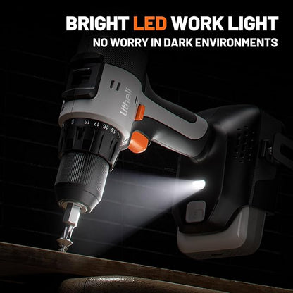 Litheli 20V Cordless Drill Driver Set, Electric Power Drill with 2 Variable Speed Settings, 1/2 Inch Keyless Chuck, 21+1 Clutch Settings with Maximum Torque of 443 In-lbs (Charger not Included)
