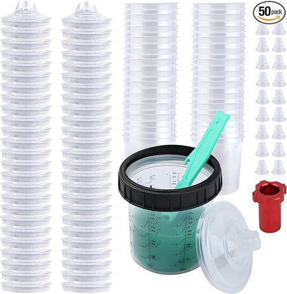 Disposable Paint Spray Gun Cups for Automotive Paint Gun, Paint Mixing Cups 20 Ounce-50 Pack Paint Cups with Lids,1 Hard Cup with Retainer Ring, 1 Cup Adapter, 20 Plugs with 1 Paint Stirrer