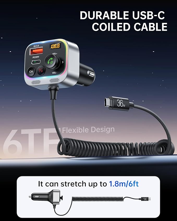 Syncwire Bluetooth 5.4 FM Transmitter Car Adapter 66W PD & QC 3.0 Fast Charging with USB-C Cable Wireless Radio Adapter with Light Control, HiFi Bass, Hands-Free Calling and Strong Mics