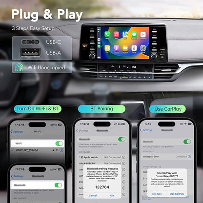 Wireless CarPlay Adapter for iPhone, 2025 Carplay Wireless Adapter for Apple & Android Auto (2016+ Models), Compatible with Cars with Factory Wired Carplay, Car Play Dongle with USB/USB-C (Dark Grey)