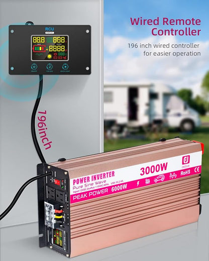 CEJIA Power Inverter 3000W Pure sine Wave ac car Inverter Peak 6000watt 12V DC to 110V 120V AC with led Display,Remote Controller,Dual AC Outlets and 2x2.4A USB Ports for RV,Solar System Emergency