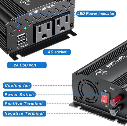 12V to 110V Inverter - 750W Car Inverter with 2 AC Outlets & 2 USB Ports for Trucks & Various Vehicles