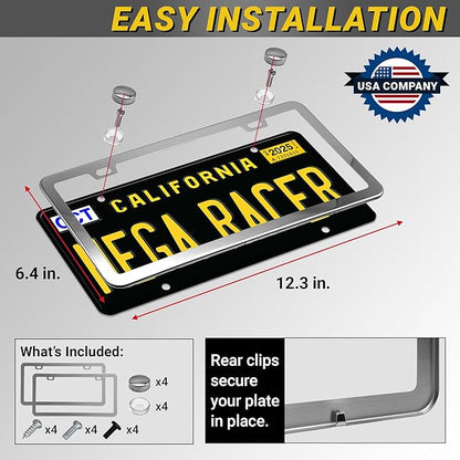Premium Slim Polished Mirror Chrome License Plate Frames – 2 Pack, Rust-Free Stainless Steel, Rattle-Free & Street Legal Universal Fit with Screw Covers, Thin Silver Metal Front & Rear Car Tag Holders