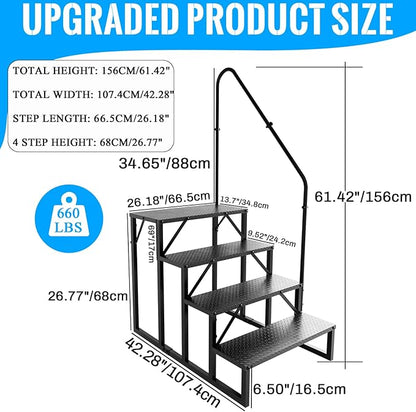 RV Stairs 4 Step Ladder, RV Steps Anti-Slip, Hot Tub Steps with Handrail, 660 lbs RV Ladder for 5th Wheel RV, Mobile Home Stairs