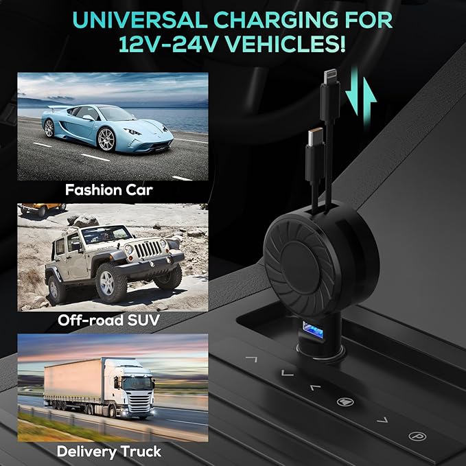 Retractable Car Charger (2Pack), 3 in 1 Fast Charging Phone Charge 50W, Mini Car Adapter with 2 Cables+1 Port Cigarette Lighter USB C Charger for Apple iPhone 15 Pro/Samsung/Android/Pixle
