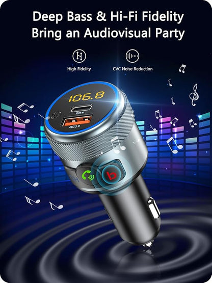 LENCENT Car FM Transmitter, Wireless Bluetooth 5.1 Radio Adapter Car Kit with Big Button, Type C PD 20W and QC3.0 18W Car Fast Charger, Bass Lossless Hi-Fi Sound Music Streaming, Wireless Call