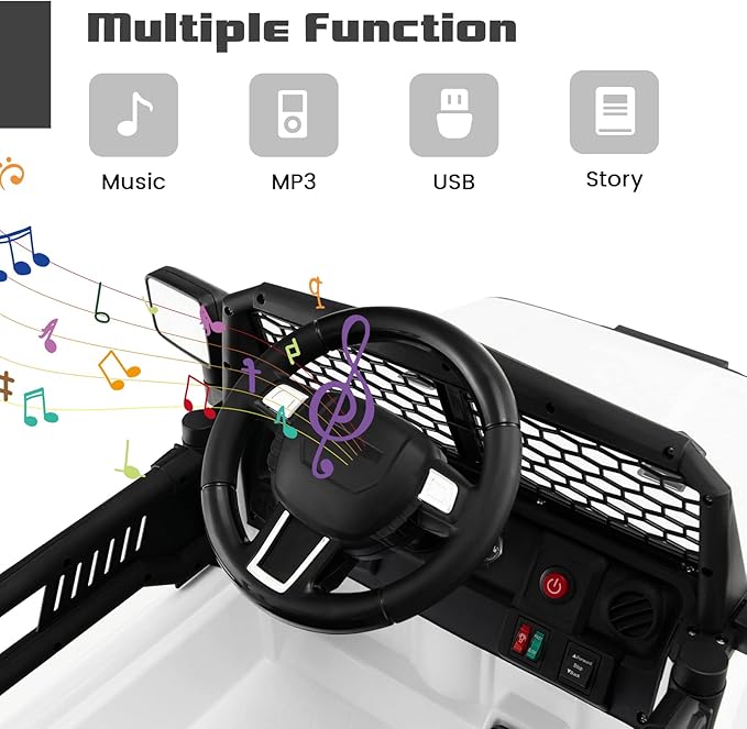 OLAKIDS Kids Ride On Truck, 12V Electric Vehicle Jeep Car with Remote Control, Toddlers Battery Powered Toy with 2 Speeds, Spring Suspension, Double Open Doors, LED Lights, Music, TF, USB, Mp3 (White)