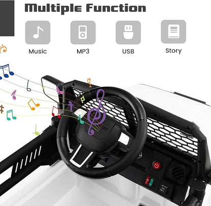 OLAKIDS Kids Ride On Truck, 12V Electric Vehicle Jeep Car with Remote Control, Toddlers Battery Powered Toy with 2 Speeds, Spring Suspension, Double Open Doors, LED Lights, Music, TF, USB, Mp3 (White)