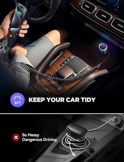 JOYROOM Bluetooth 5.4 FM Transmitter for Car, [60W PD 3.0] Bluetooth Car Adapter Fast Charging with USB C Cable, Cigarette Lighter Radio Music Adapter, Hands-Free Calling, Light Control, USB Drive
