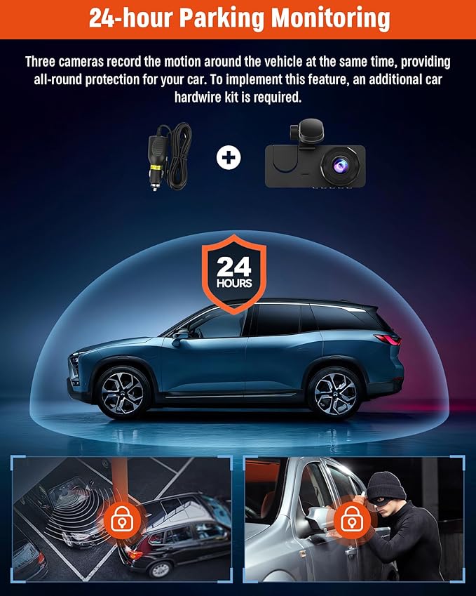 3 Channel Dash Cam,4K+1080P Dash Cam Front and Rear Inside, Dash Camera for Cars, Triple Car Camera with 32GB Card,Built-in G-Sensor, 2’’ IPS Display Car Camera,Loop Recording,24Hr Parking
