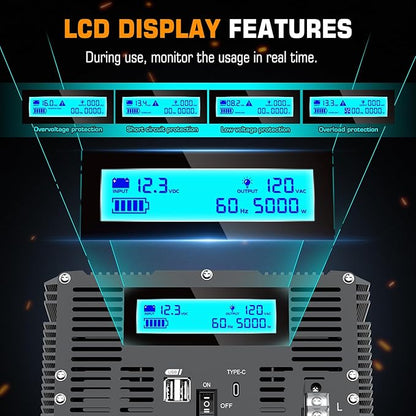 5000 Watt Power Inverter 12V DC to 110V 120V Converter for Family RV Off Grid Solar System Car with Type-C Ports 3 AC Power Outlets Dual USB Ports LCD Display Wireless Remote Control