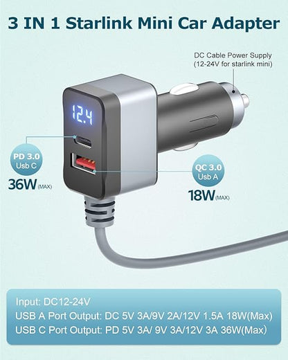 3 in 1 Starlink Mini Cable 12V Adapter 10FT Car Charger for Starlink Mini Power Cable Cigarette Lighter Adapter DC 12V-24V with Digital Display, Durable USB C PD 36W and USB A 18W Port Gray 18AWG 3M