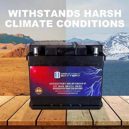 Mighty Max Battery MM-H5 Start and Stop Car BCI Group Size 47 12V 60 AH, 100RC, 680 CCA Rechargeable AGM Car Battery