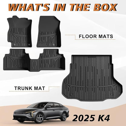 TripleAliners Floor Mats & Trunk Mat Full Set Compatible with 2024 2025 Kia K4 Sedan All Weather Liners TPE Custom Fit Anti-Slip Full Coverage Odorless Waterproof Cargo Liners(Trunk Mat+ Floor Mats)