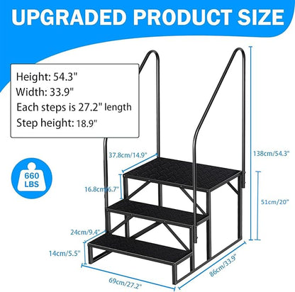 RV Step 3 Step Ladder, Upgrade RV Step with Handrails, Heavy Duty RV Stairs with Anti-Slip Pedal Hot Tub Steps, Removable Camper Step for Spa/Porch/Pet/Mobile Home（2 Handrails