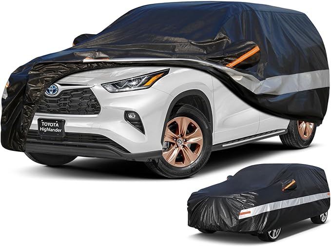 10 Layers SUV Car Cover Custom Fit for Toyota Highlander (2007-2025) Waterproof All Weather for Automobiles, Outdoor Full Cover Sun UV Rain Protection with Cotton.Black
