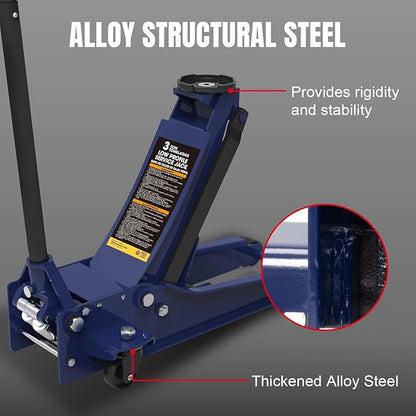 TCE Ultra Low Profile 3 Ton Hydraulic Floor Jack, 6600 LBS Heavy Duty Dual Pump Car Jack for Cars/Trucks/SUVs, ASME Certified with Detachable Handle (Blue)