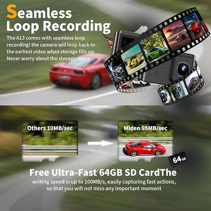 Dash Cam Front and Rear: 4K Dual Channel Dash Cam - 5GHz WiFi, Dash Camera for Cars with 64GB Card, 2.0" IPS Screen, App Control, G-Sensor, Loop Recording, 170° Wide Angle, Night Vision, Parking Mode