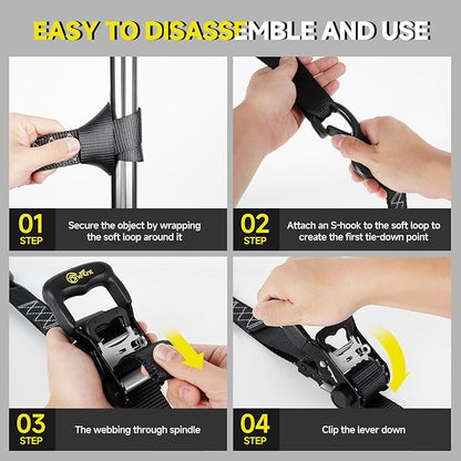 4Pcs Ratchet Strap Tie Down Kit | 1.6”x 10FT Heavy Duty Ratchet Straps with Padded Handles+Coated S Hooks+Soft Loop Tie-Downs -6000 Pound Break Strength