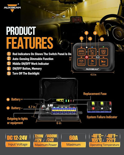 Auxbeam 6 Gang Switch Panel Bluetooth RGB AR-600 with Toggle Momentary Pulsed Modes Multifunctional Switch pod with Manual and Automatic Backlit Control Boat Switch Panel for Truck Car ATV Waterproof