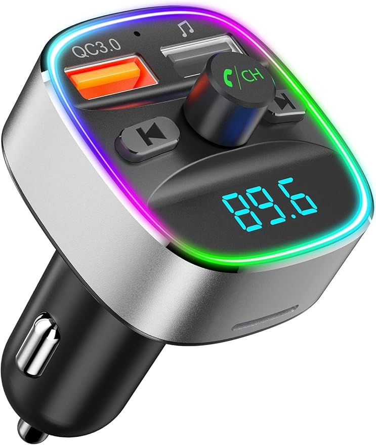 Nulaxy Bluetooth FM Transmitter for Car,Bluetooth Car Adapter Charger with Dual USB Charging Ports, MP3 Music Player Supports TF Card & USB Disk,Hands Free Calling, 7 Colors Led Backlit Light - Silver