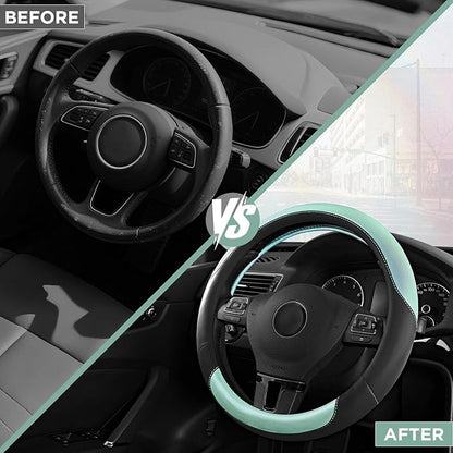 Road Comforts Steering Wheel Cover – Breathable Leather Steering Wheel Cover, Anti-Slip Grip, Universal Fit 14.5” to 15”, Heat & Cold Resistant for Cars, SUVs, and Trucks – Black & Light Blue