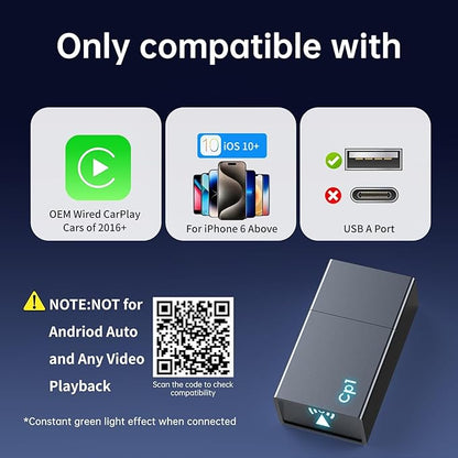 Carplay Wireless Adapter for Apple iPhone - Convert Wired to Wireless Bluetooth Car Play Adapters for Cars from 2016 and iOS 10+, No Latency,Plug and Play Easy Use, Mini USB Type A Black