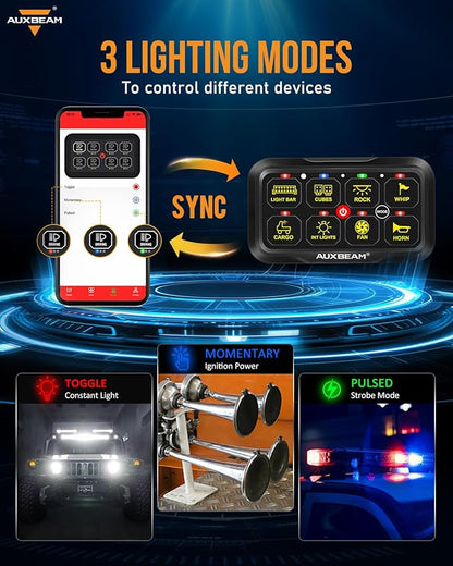 Auxbeam RGB Bluetooth 8 Gang Switch Panel AR-820 Toggle Momentary Pulsed Switch Pod for Truck UTV Offroad Boat Auxiliary LED Light Controller with Circuit Relay System Box Waterproof, 2-Year Warranty
