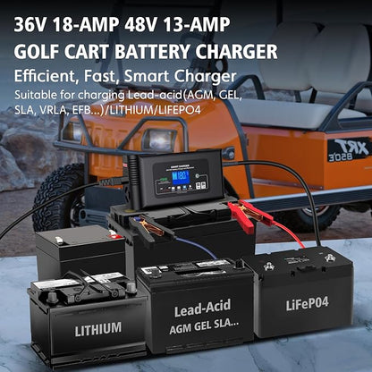Golf cart Battery Charger, 48V 13A and 36V 18A Trickle Charger,48 Volt cart Golf Charger,for 48 Volt Club Golf Car,Lithium,LiFePO4,Lead-Acid AGM/Gel/SLA..Battery Chargers,3 Pin Round Plug