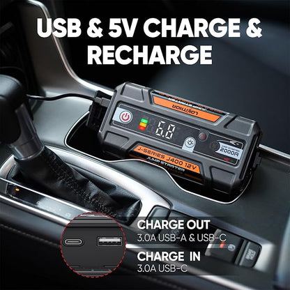 J400 2000A 12V Portable Lithium Jump Starter, Car Battery Booster Pack, USB-C Powerbank Charger, and Jumper Cables for Upto 8.0-Liter Gas and 6.0-Liter Diesel Engines
