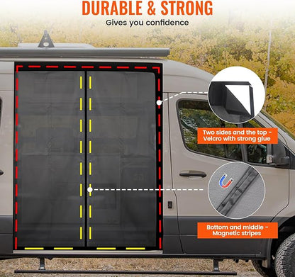71''H x 59''W Van Bug Screen Side Door Sliding Door Window Covers with Magnetic Closure Car Window Screens for Camping Fits Mercedes Sprinter Ford Transit and RAM Promaster