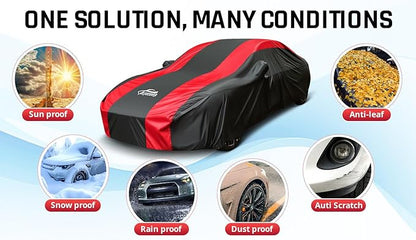 Sedan Car Cover Waterproof All Weather Protection with Red Stripe Design,Outdoor Car Cover Universal Fit Lincoln MKZ, Chrysler 300, Tesla Model S, Cadillac CTS CT5, Dodge Challenger Charger