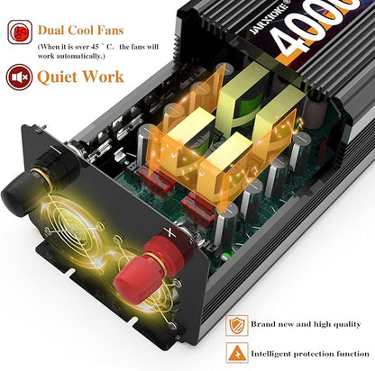 4000 Watt Power Inverter 12V DC to 110V 120V Converter for Family RV Off Grid Solar System Car with Type-C Ports 3 AC Power Outlets Dual USB Ports LCD Display Wireless Remote Control