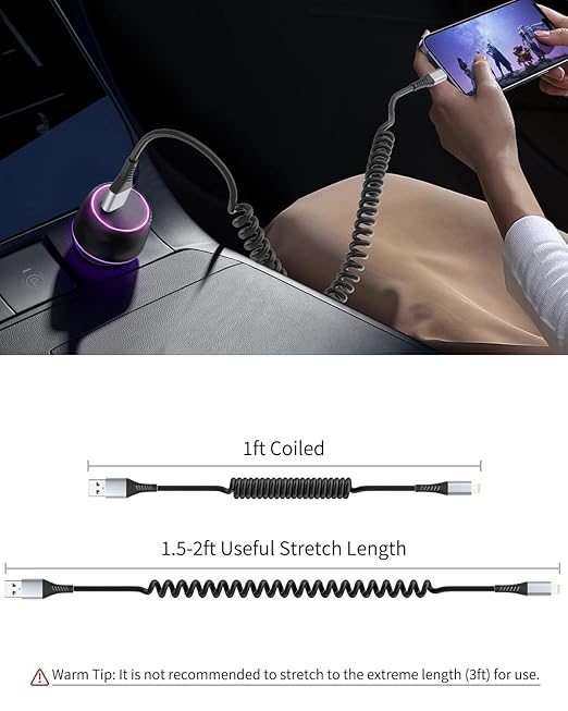 Coiled Lightning Cable, 2 Pack Retractable iPhone Charger Cord for Car, USB to Lightning Cable Fast Charging Compatible with iPhone 14 13 12 11 Pro Max Mini 10 8 Plus XR SE, AirPods