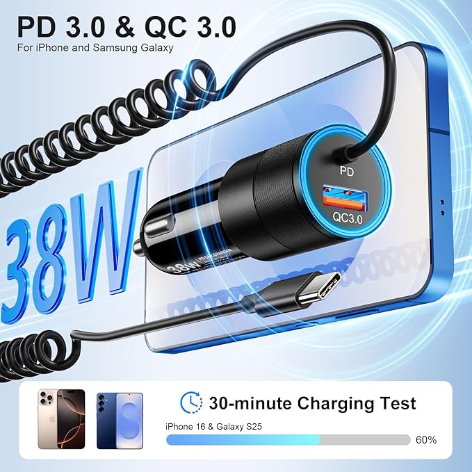 USB C Car Charger Fast Charge,2-Pack 38W PD 3.0 USB C Cigarette Lighter USB Charger with 3.5FT Type C Cable,Car Adapter Compatible with Samsung S25/S24/S23/S22 Ultra,iPhone 16 15 Pro Max SE,iPad,Pixel