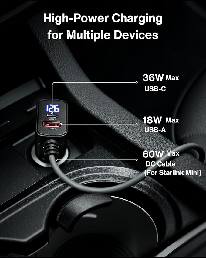 Car Charger Cable for Starlink Mini 6.5FT with Display - 12-24V Cigarette Lighter to DC Power Cable, 60W DC + 33W Dual USB-C/USB-A Adapter for Trucks, RVs & Boats, 18AWG Cord with Voltage Monitoring