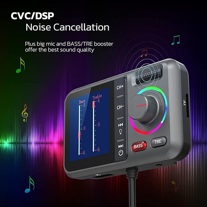 Nulaxy Bluetooth FM Transmitter for Car, Wireless Car Bluetooth Adapter with Big Color Screen, Support QC3.0 Fast Charging, Hands-Free Call, MP3 Music Player BASS&TRE Booster, TF Card AUX-KM28 Grey