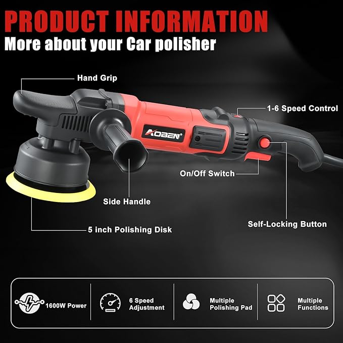 AOBEN Buffer Polisher,5 inch DA Car Polisher,Long Orbit 16mm Random Buffer Polisher kit with 6 Variable Speed 1000-5500rpm,Detachable Handle,7 Buffing Pads for Car detailing Polishing and Waxing