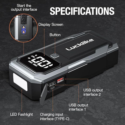 Lucklike Car Battery Jump Starter Portable, Jump Starter Battery Pack for 8.0L Gas/7.0L Diesel Engines,12V Jump Box with Portable Charger Power Bank, 3 Modes Emergency Light and Jumper Cable