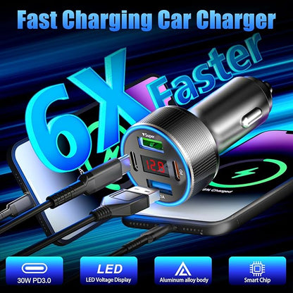 USB C Car Charger, 78W 4 Port Car Phone Charger Adapter Fast Charging, Dual USB C Car USB Adapter for iPhone 16 15 14 13 12, iPad, Samsung Glaxy, Android (Black 2Pcs)