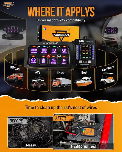 Auxbeam Switch Panel RB80 RGB 8 Gang Switch Panel Auto-Dimmable Multifunction Switch Panel w/Momentary Toggle Pulsed Memory, Aluminum Switch Panel for Truck Boat Car RV Waterproof, 2-Year Warranty