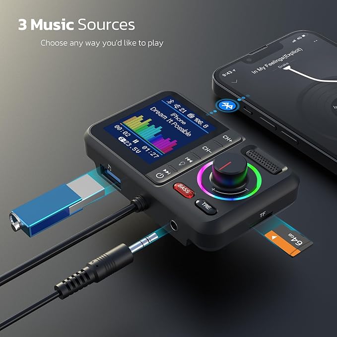 Nulaxy Bluetooth FM Transmitter for Car, Wireless Car Bluetooth V5.0 Adapter with Big Color Screen, Support QC3.0 Fast Charging, Hands-Free Call, MP3 Music Player BASS&TRE Booster, TF Card AUX-KM28