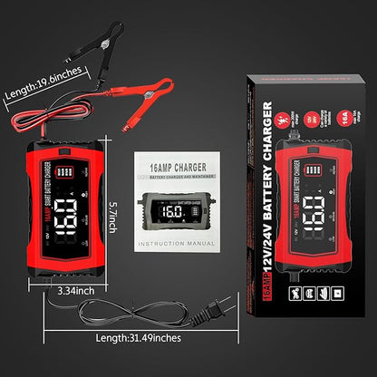 16-Amp Battery Charger, 6V/12V/24V Smart Car Battery Charger, Automotive Battery Maintainer, Trickle Charger for Car, SUV, Motorcycle, Boat, Lead-Acid, Lithium, LiFePo4 Battery