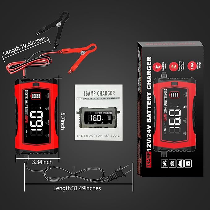 16 Amp Battery Charger, Car Battery Charger 6V 12V 24V Lithium,Lifepo4,Lead-Acid(AGM/Gel/SLA..),Battery Maintainer, Trickle Charger, and Battery Desulfator for Car,Boat,Motorcycle…