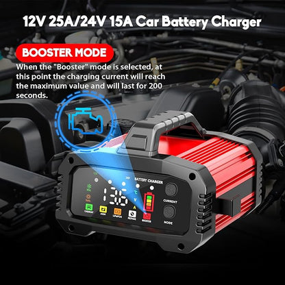 YONHAN 25A Battery Charger & Maintainer,12V/24V All-in-One Charger for LiFePO4, Lead Acid, AGM, Lithium, Marine, Boat, and Deep Cycle Batteries,5-Level Adjustable Current, Booster Mode,Trickle Charge